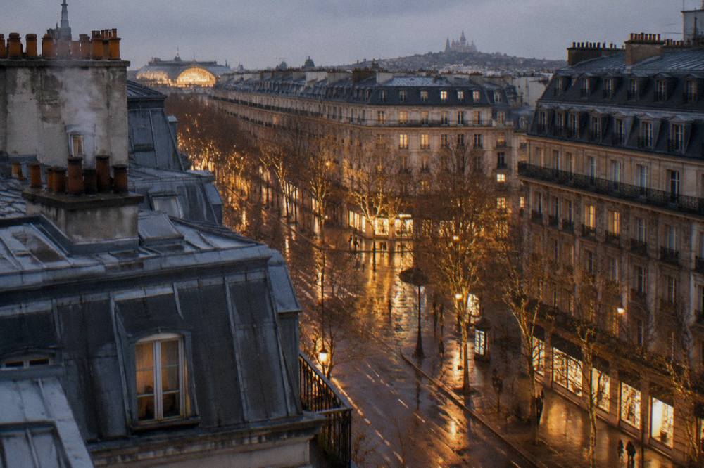 Paris rooftops and a wet boulevard with illuminated trees after rain