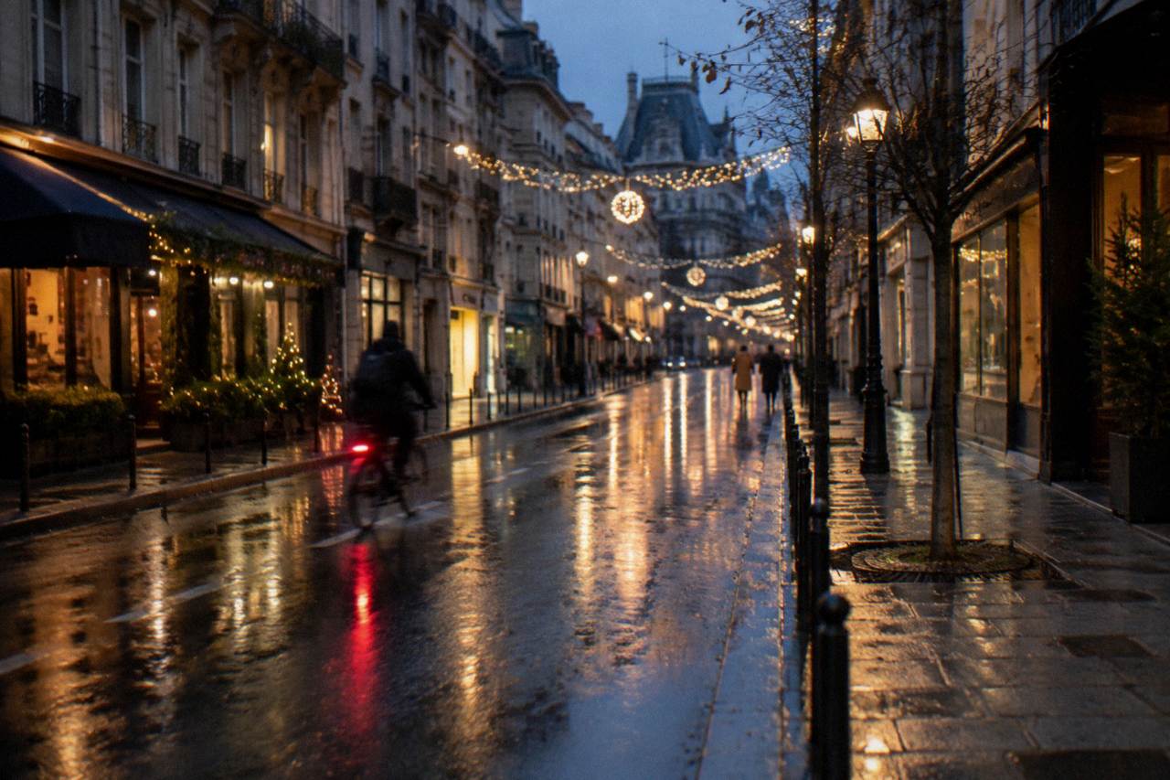 Wet Paris street with holiday lights reflecting on the pavement in the evening