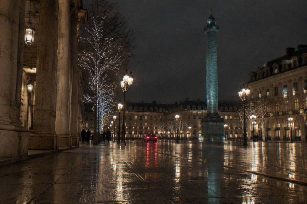 Rows of trees along a Paris avenue wrapped in glowing white garlands at night