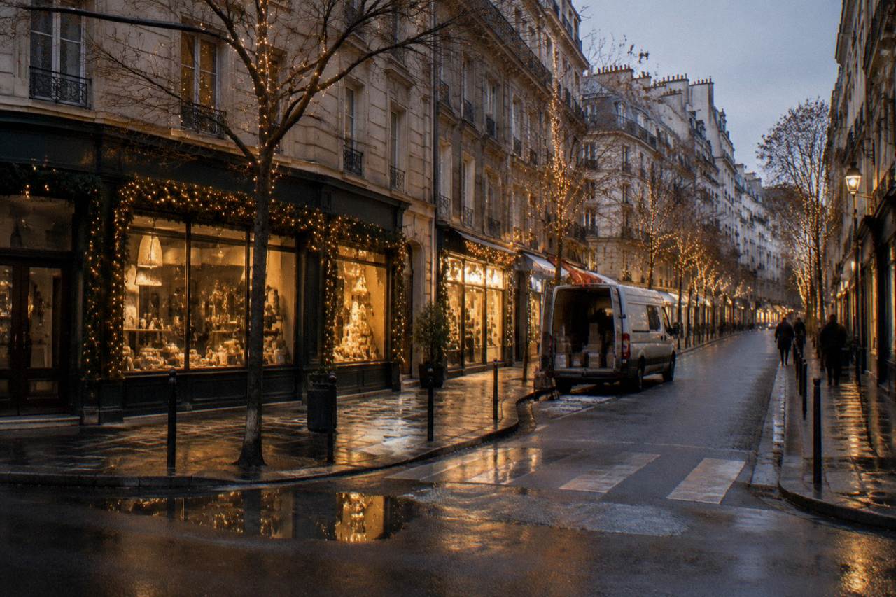 Illuminated Paris street with garland-lit trees at dusk in December