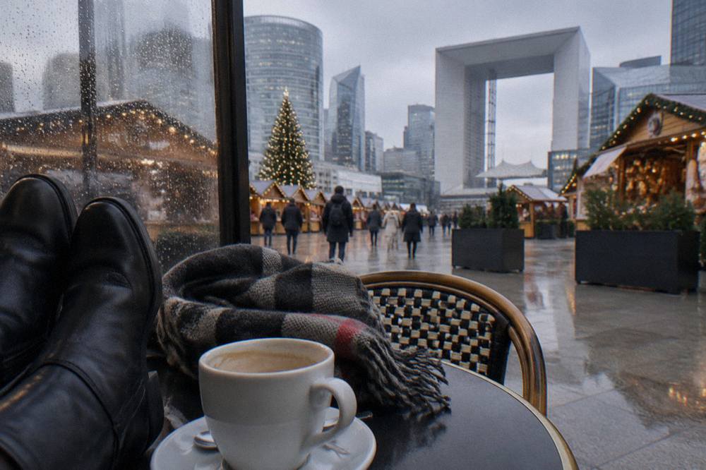 A pair of leather boots and a folded wool scarf resting on a wooden bench beside a rain-speckled window