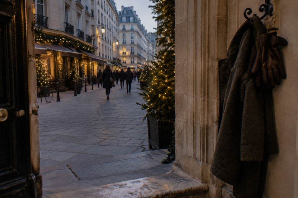 A wool coat and gloves hanging beside a doorway with soft evening light on a Paris street