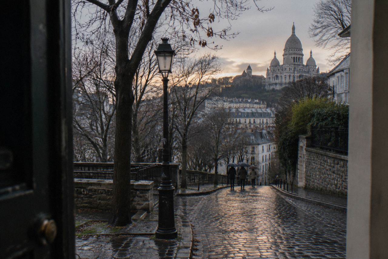 A quiet Paris street in winter with bare trees and wet cobblestones under soft evening light