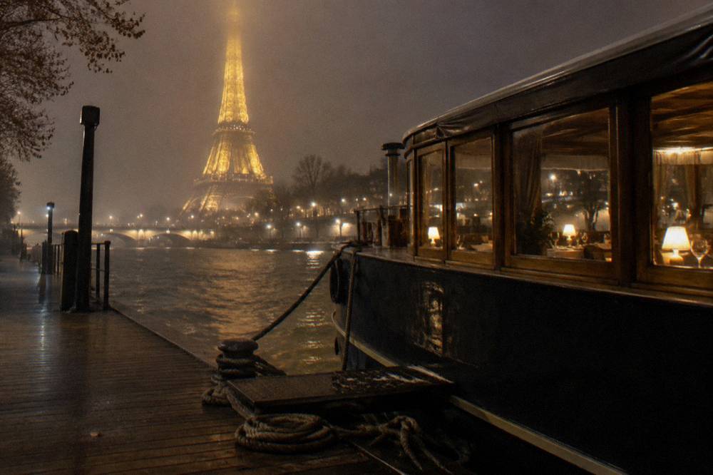A dinner boat moored at a pier on the Seine with the Eiffel Tower lit in the background