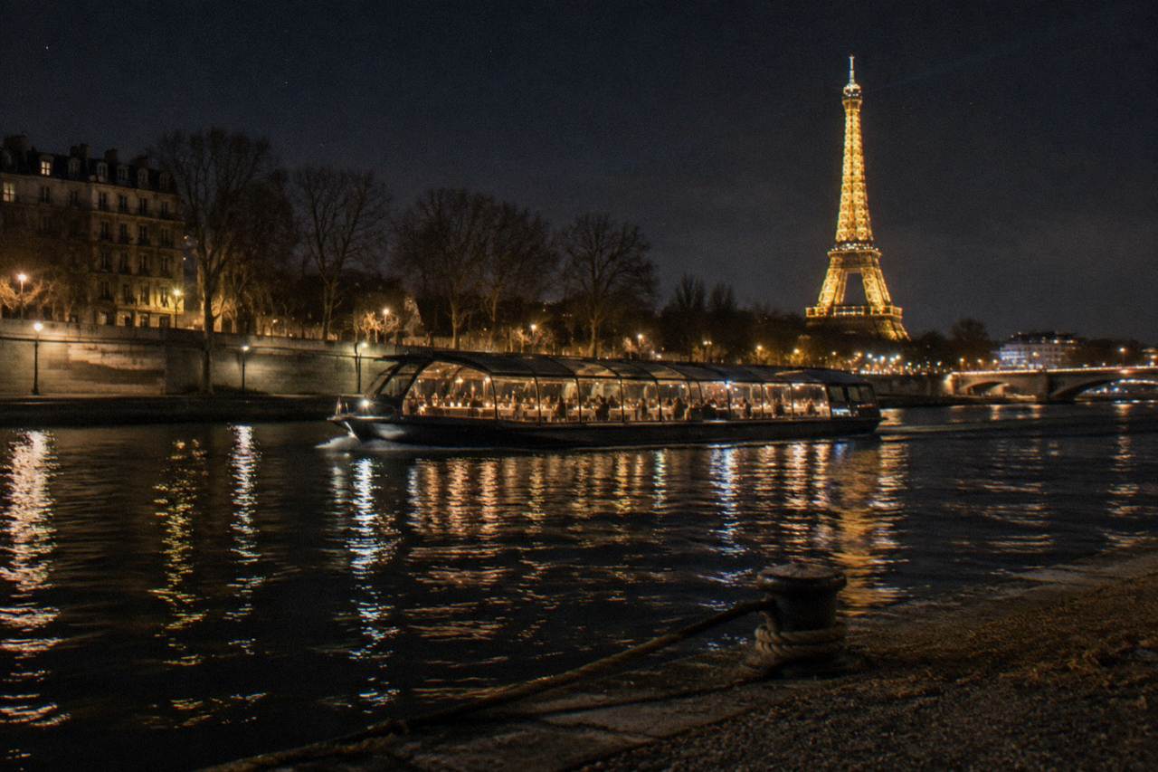 A glass-canopy dinner boat on the Seine at dusk with city lights reflecting on the water