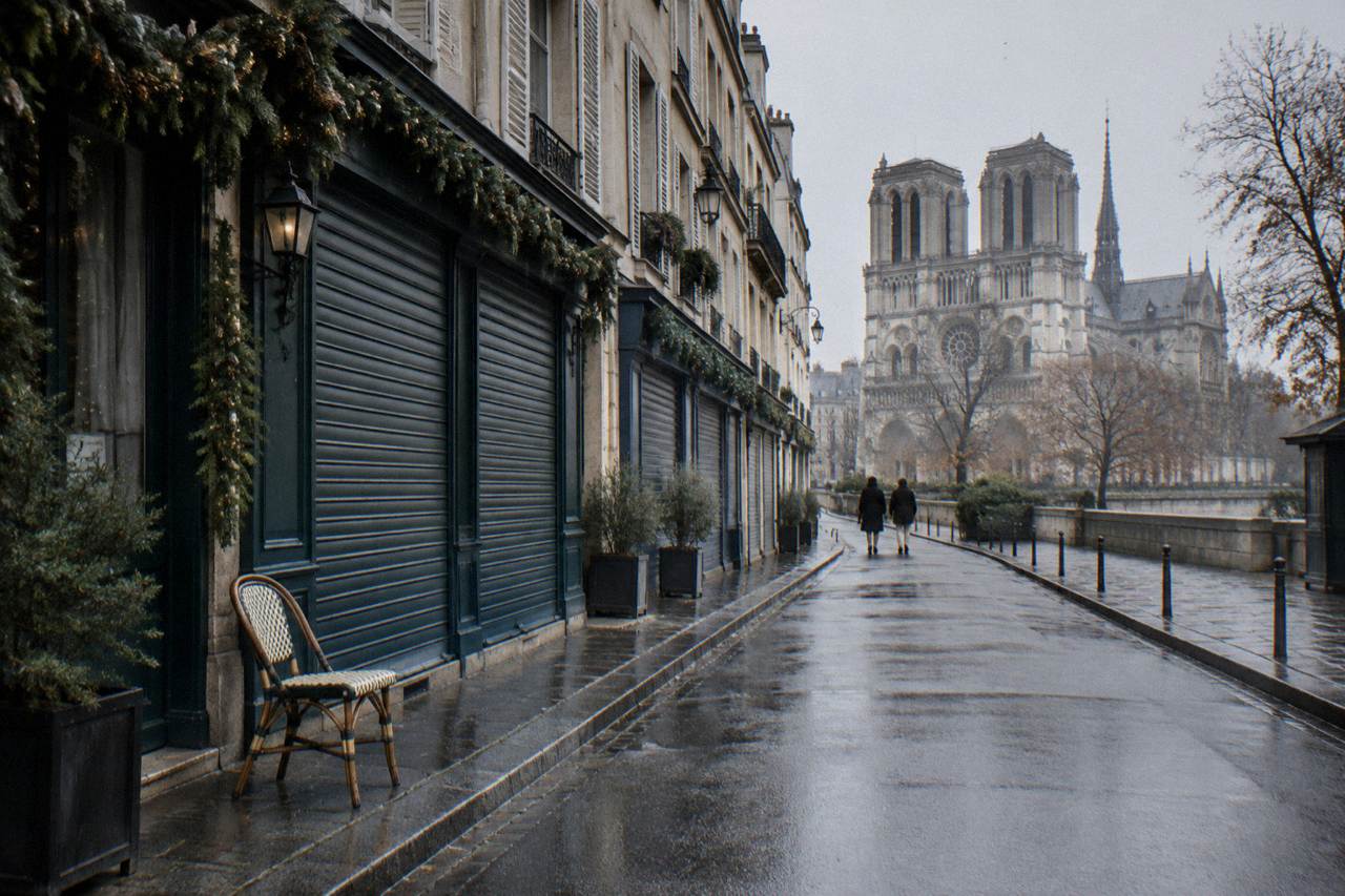 A quiet Paris street with holiday garlands and closed shopfronts on a December morning.
