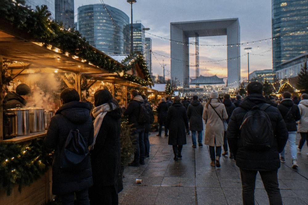 A crowded Christmas market esplanade with wooden chalet stalls and strings of lights in the early evening