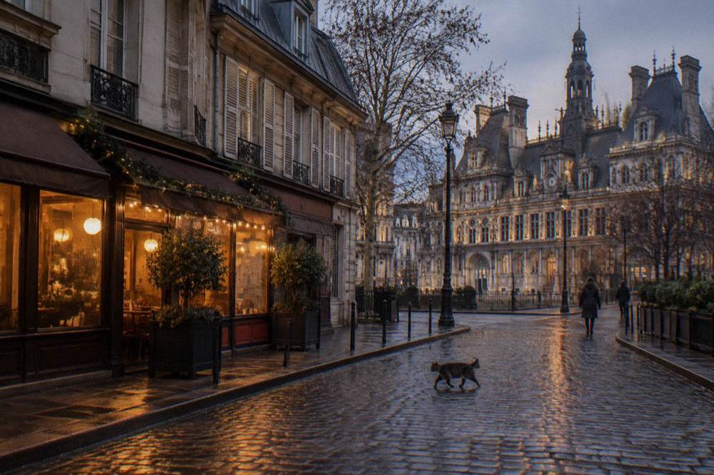 A calm Paris street on a winter evening with closed shutters and warm light spilling from a single restaurant window