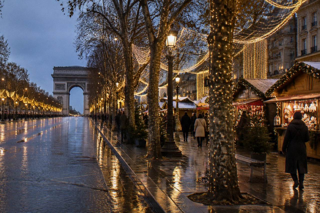 A wide Paris boulevard lined with illuminated trees at dusk with strings of lights glowing above the pavement