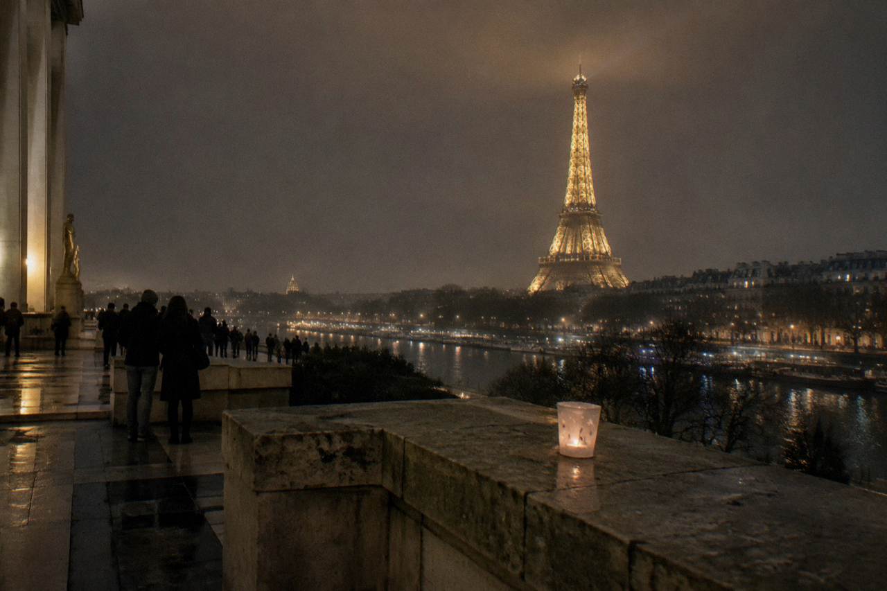 Illuminated Paris skyline at night with the Eiffel Tower glowing above dark rooftops