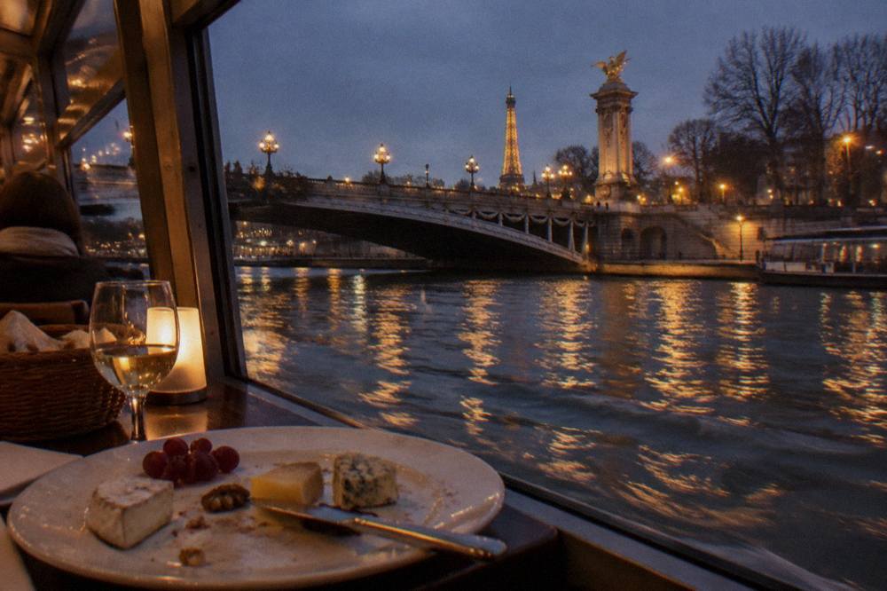 A covered dinner boat on the Seine passing illuminated bridges at night