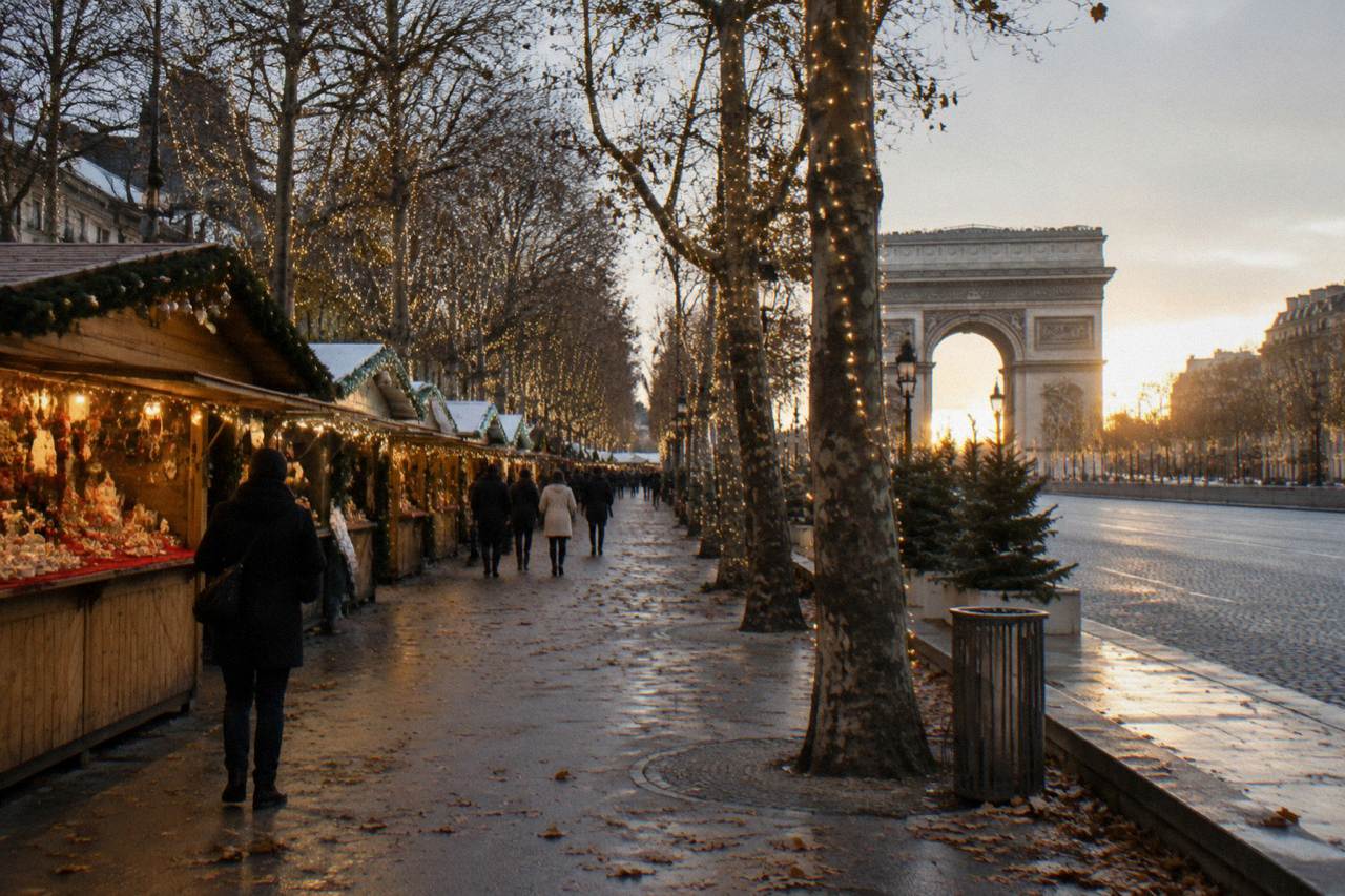 Illuminated Christmas garlands strung between trees along a Paris avenue at dusk