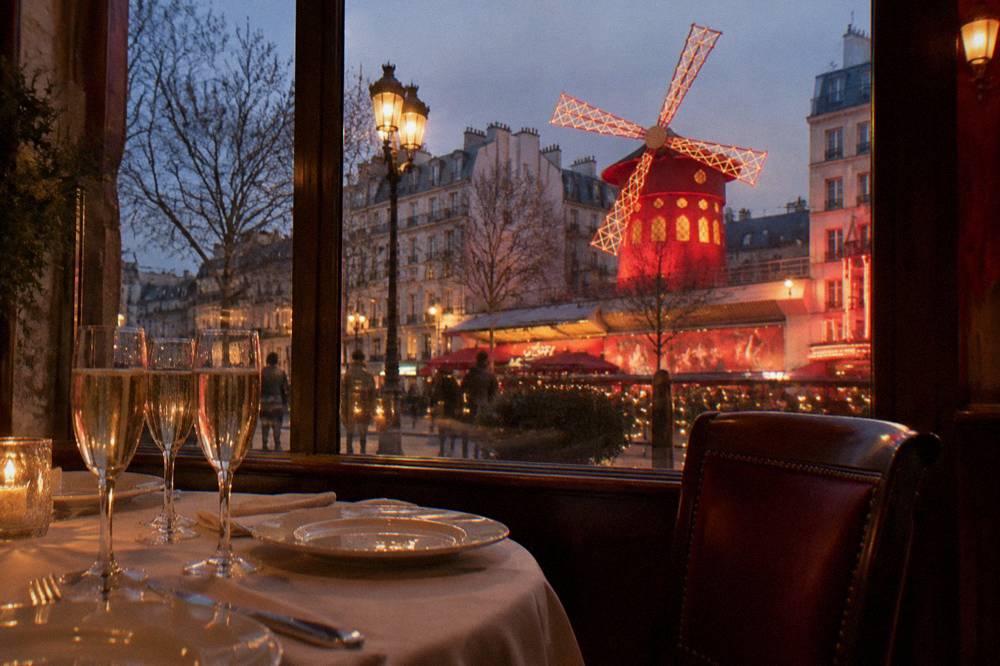 A dinner table set with champagne flutes and white plates beside a window with city lights