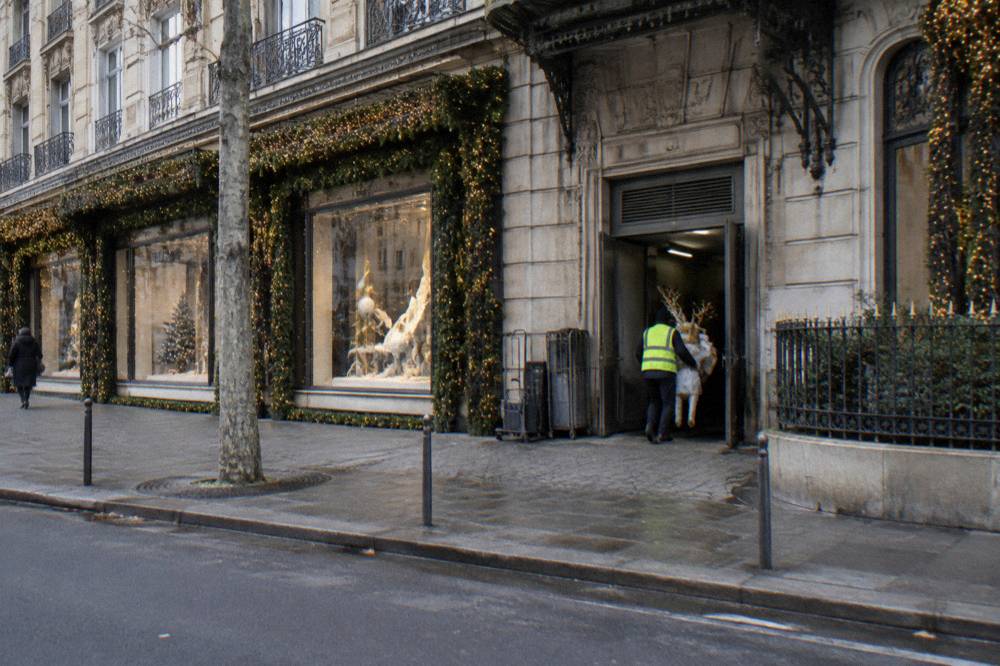 Festive garlands and glowing shop fronts along a Paris street in the evening