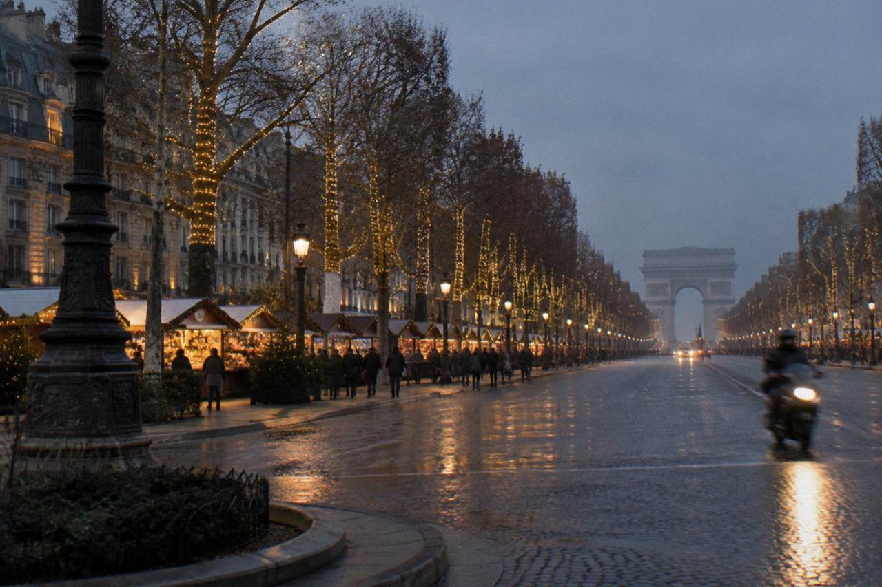 Illuminated trees lining a wide Paris avenue at dusk with garlands glowing overhead