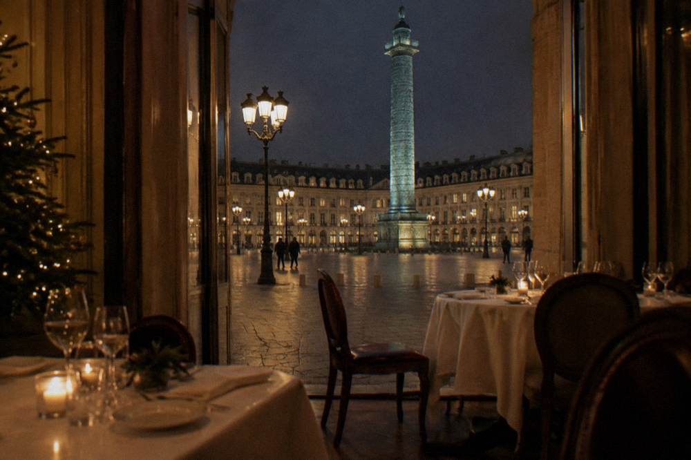 A candlelit restaurant interior with set tables, white tablecloths and a small decorated fir tree in the corner