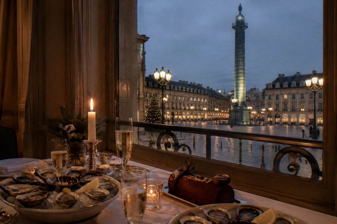 A festive dinner table set with candles, glasses and plates beside a window showing city lights at night