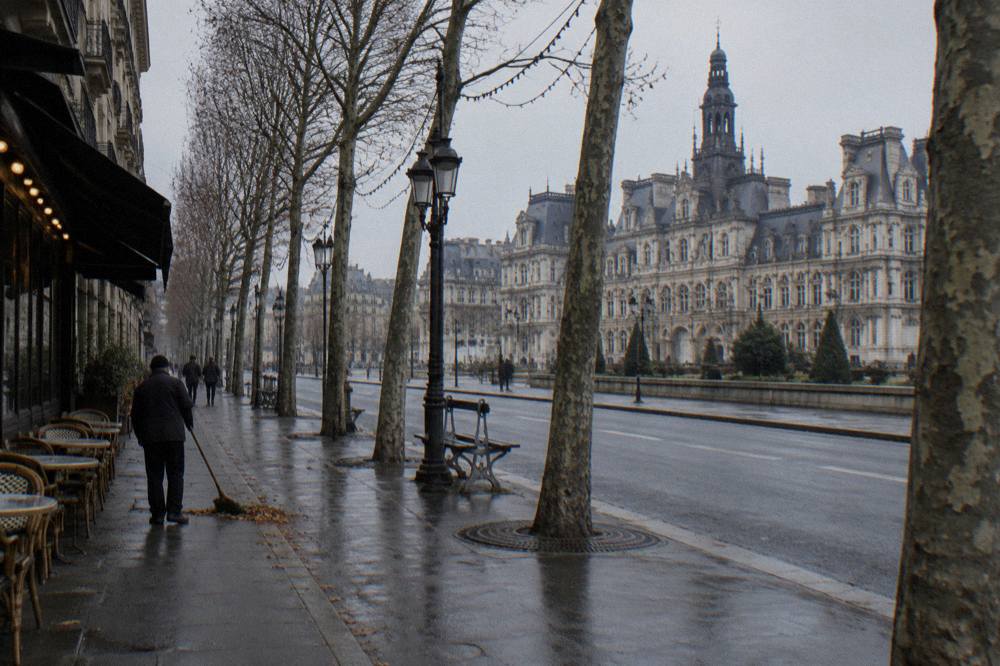 Quiet Parisian boulevard in early December with bare trees and festive string lights overhead