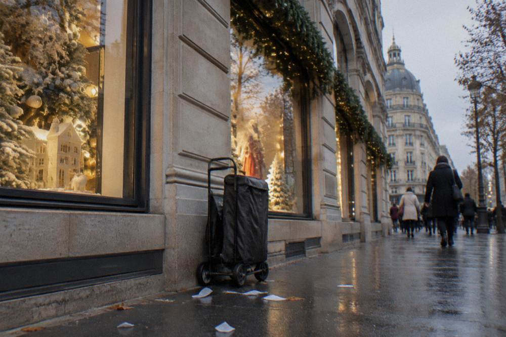 Department store facade decorated with festive window displays and garlands on a Paris street