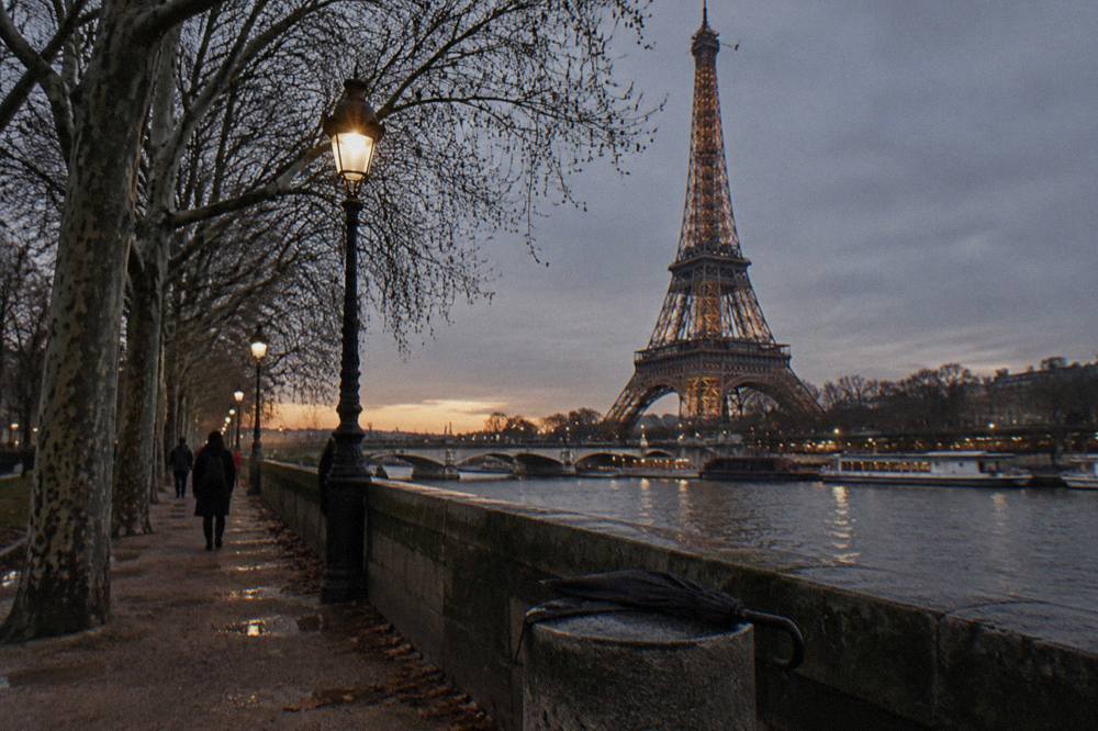 A tree-lined quay along the Seine in early winter dusk, bare branches and street lamps