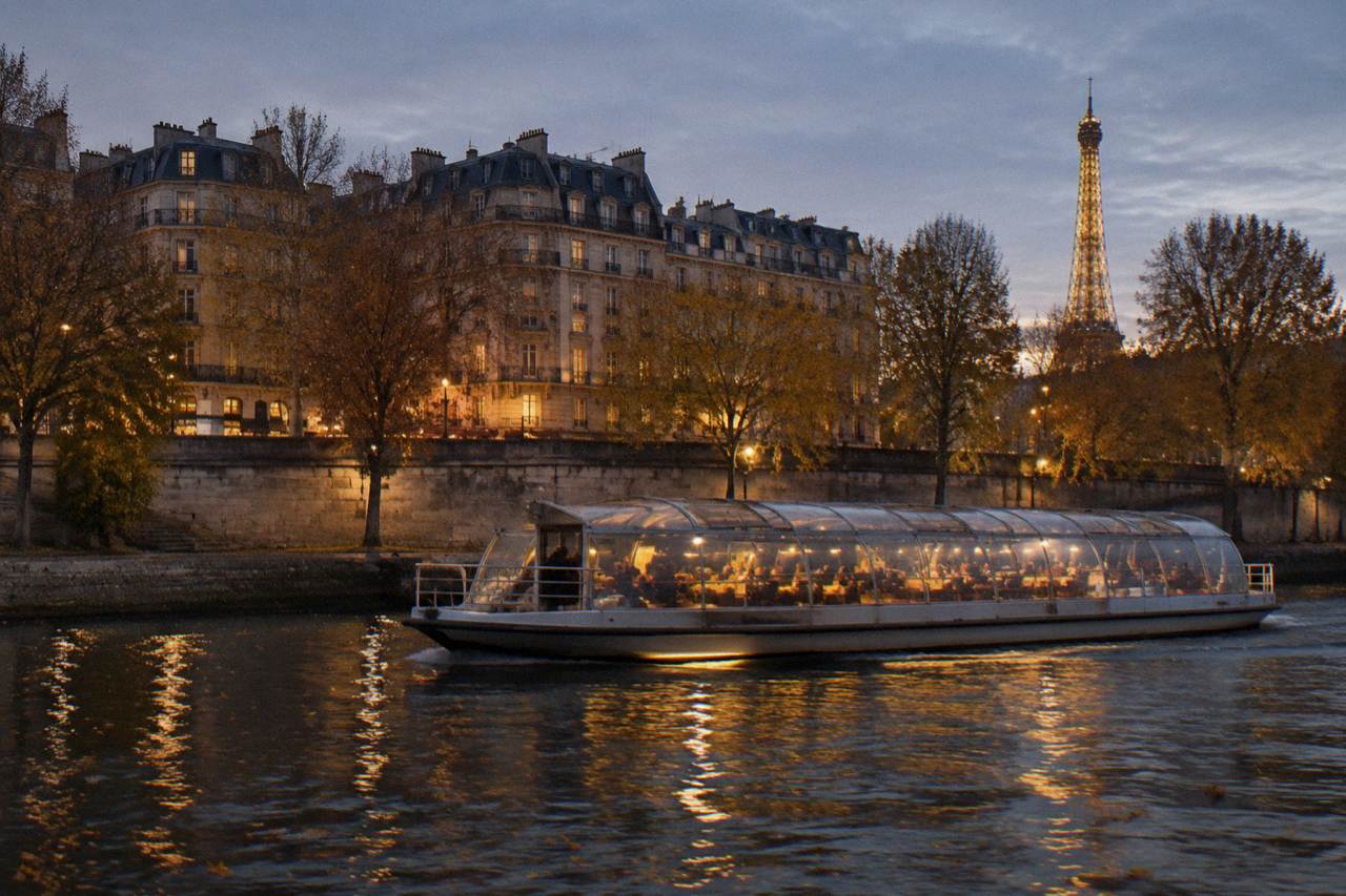 A covered dinner boat on the Seine at dusk, city lights reflecting on the water