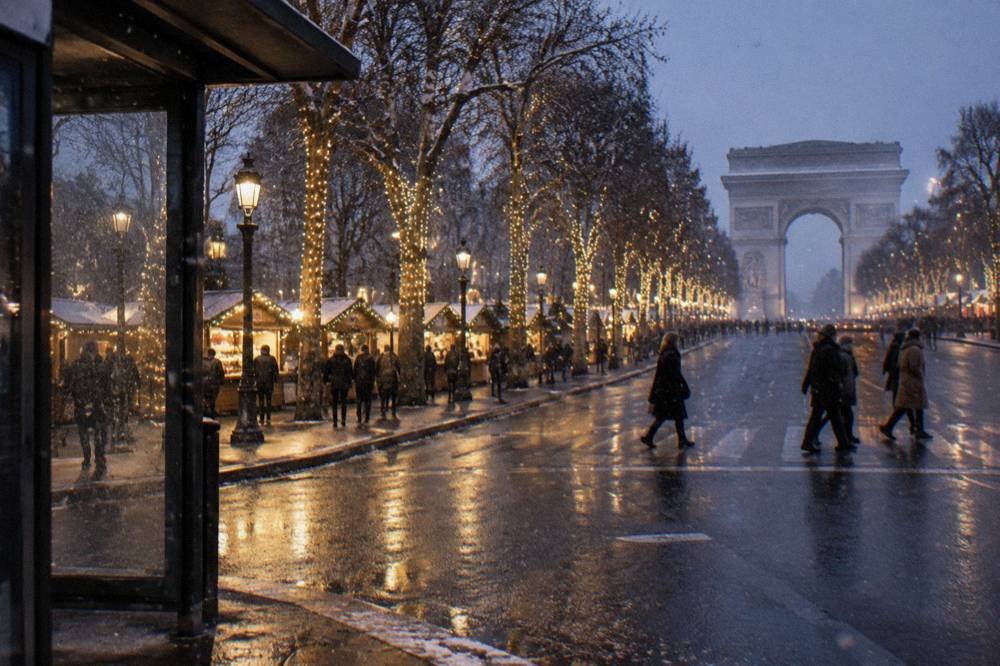 Illuminated trees along a grand Paris avenue at dusk with crowds walking beneath the garlands