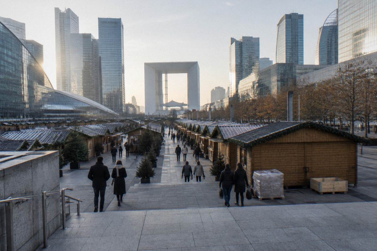 Wooden chalets of a Christmas market on a Paris esplanade glowing with string lights at dusk