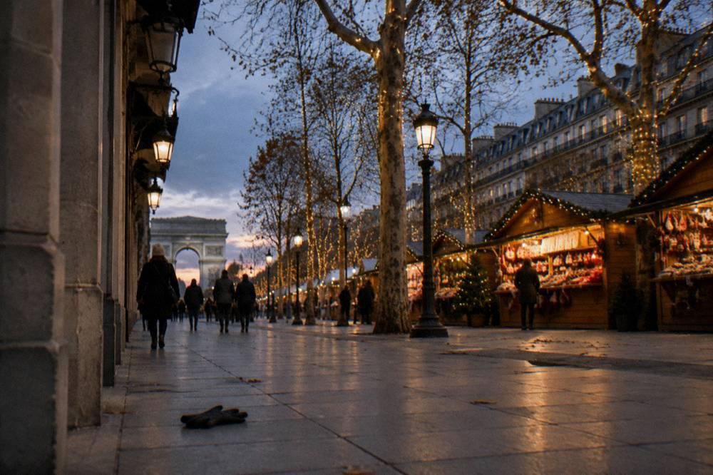 Illuminated trees lining a grand Paris avenue with garlands arching over the footpath