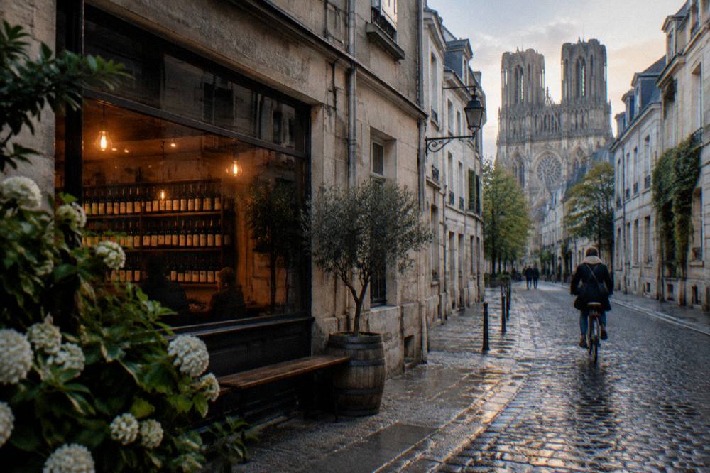 A city street at dusk with illuminated garlands strung between lampposts