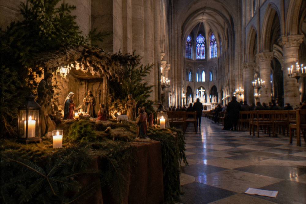 A cathedral interior with a nativity scene and warm candlelight before a Christmas mass