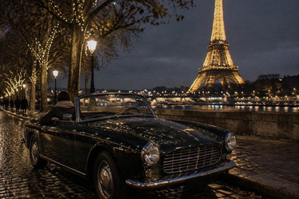 A vintage open-top car parked on an illuminated Paris street at night