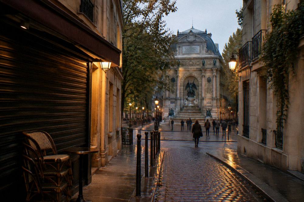 Narrow cobblestone street in a historic Paris quarter with lamplight at dusk