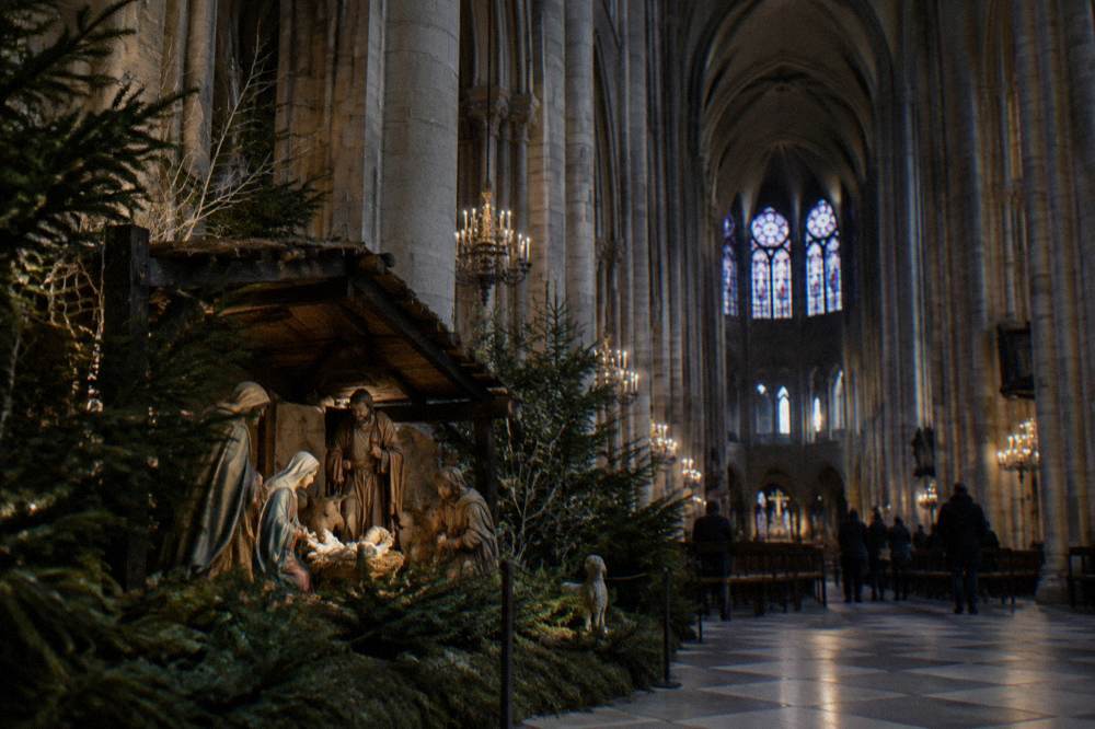 The interior nave of Notre-Dame cathedral with stone vaults and a nativity scene below the choir