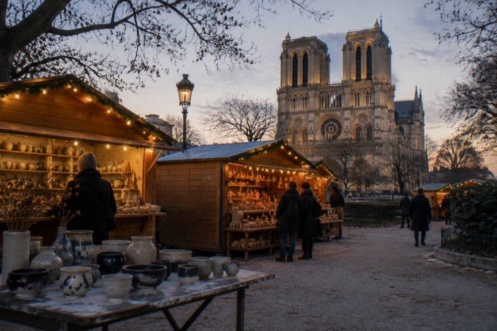 Wooden market chalets with handmade crafts on Square René-Viviani, seen with the towers of Notre-Dame behind