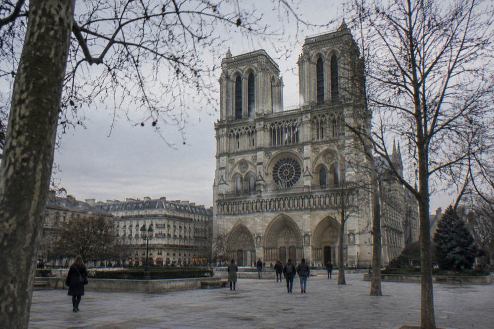 The front of Notre-Dame cathedral in winter with bare trees and a pale sky