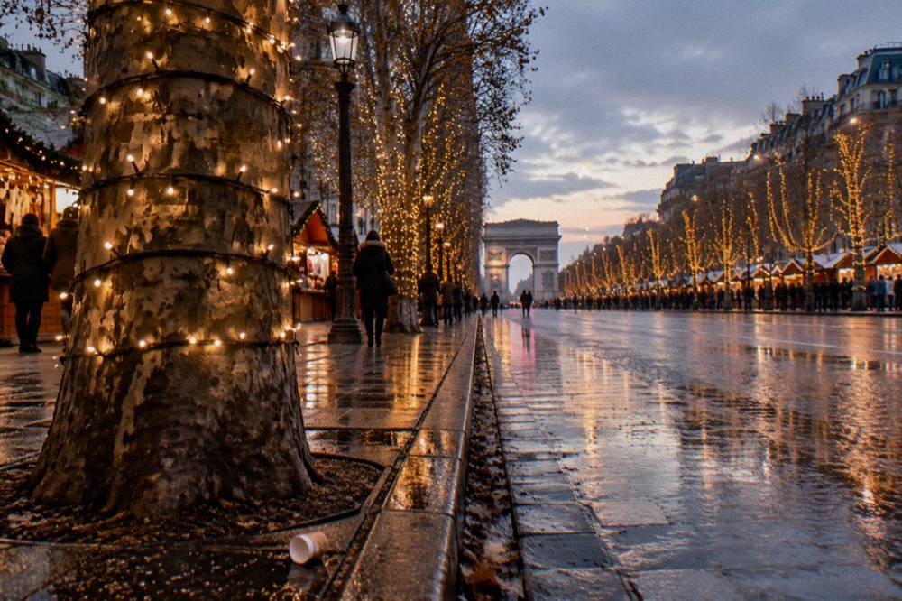 Illuminated trees along a wide Paris avenue at dusk with lights reflected on wet pavement