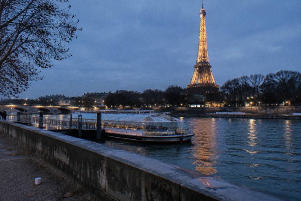 The Eiffel Tower sparkling at night above dark trees along the Seine