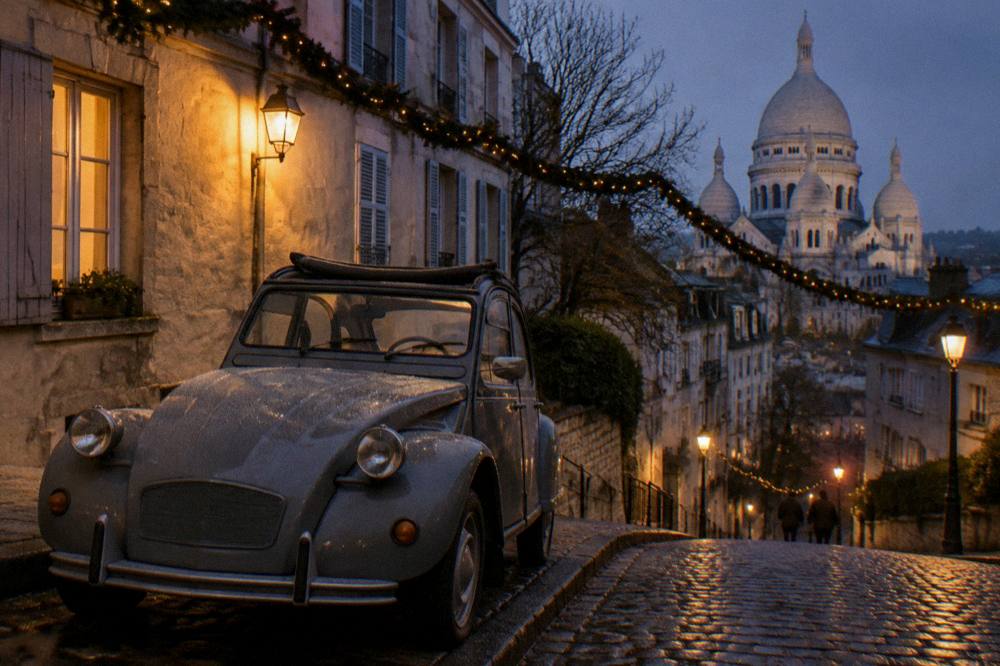 A classic Citroen 2CV with its convertible roof parked on a garland-lit Paris street