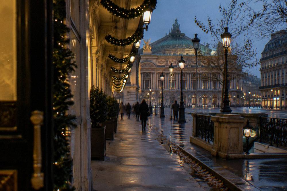 Illuminated Paris boulevard in the early evening with festive street garlands and shoppers walking