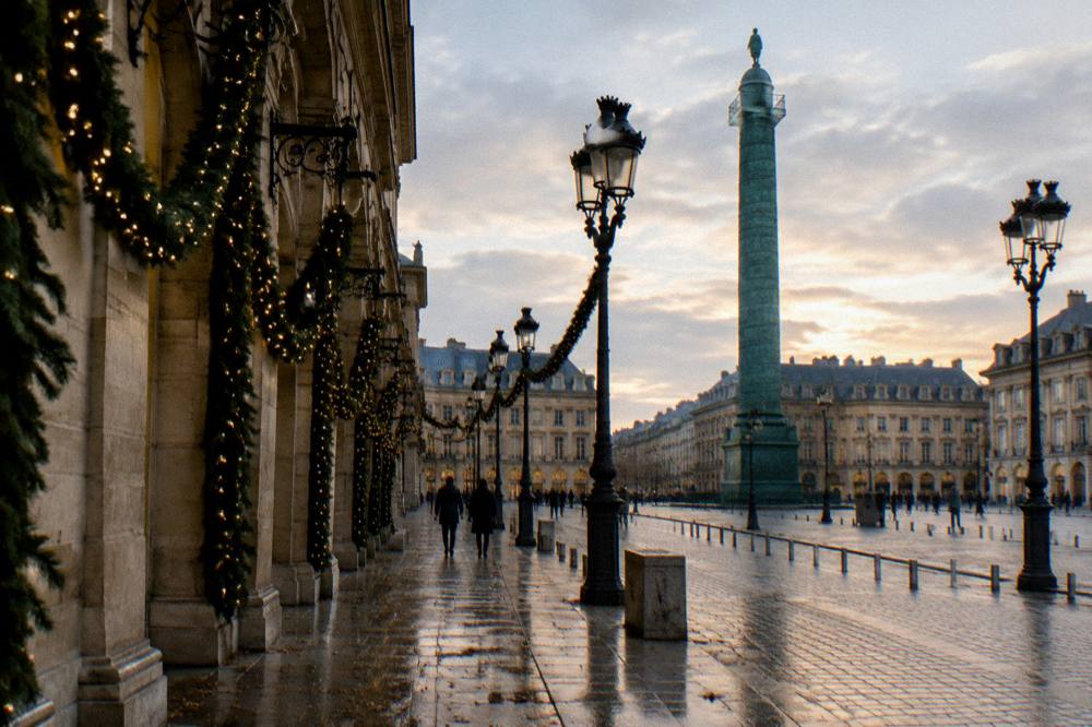 Evening view of a lit Paris boulevard with festive garlands strung above the street