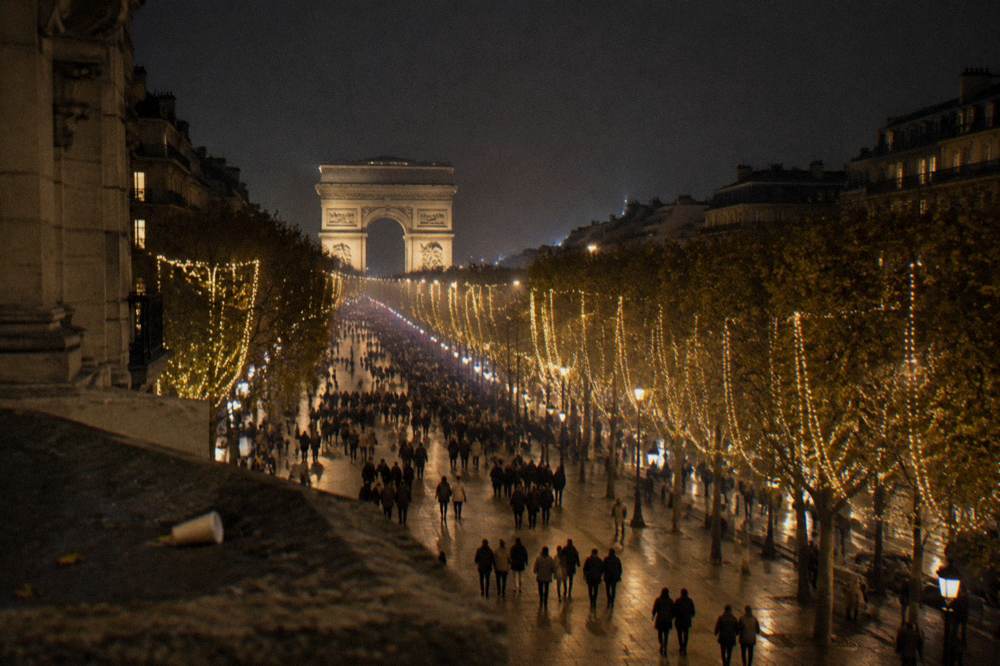 A wide illuminated avenue at night with an ornate arch at the far end and strings of lights overhead