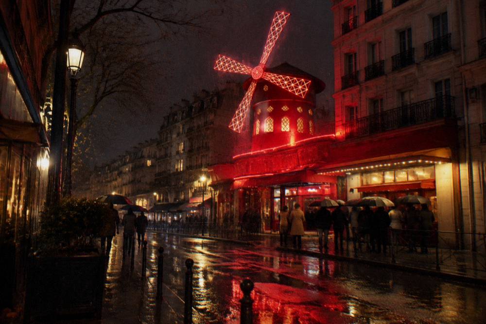 Cabaret facade glowing with red lights on a Paris boulevard at night