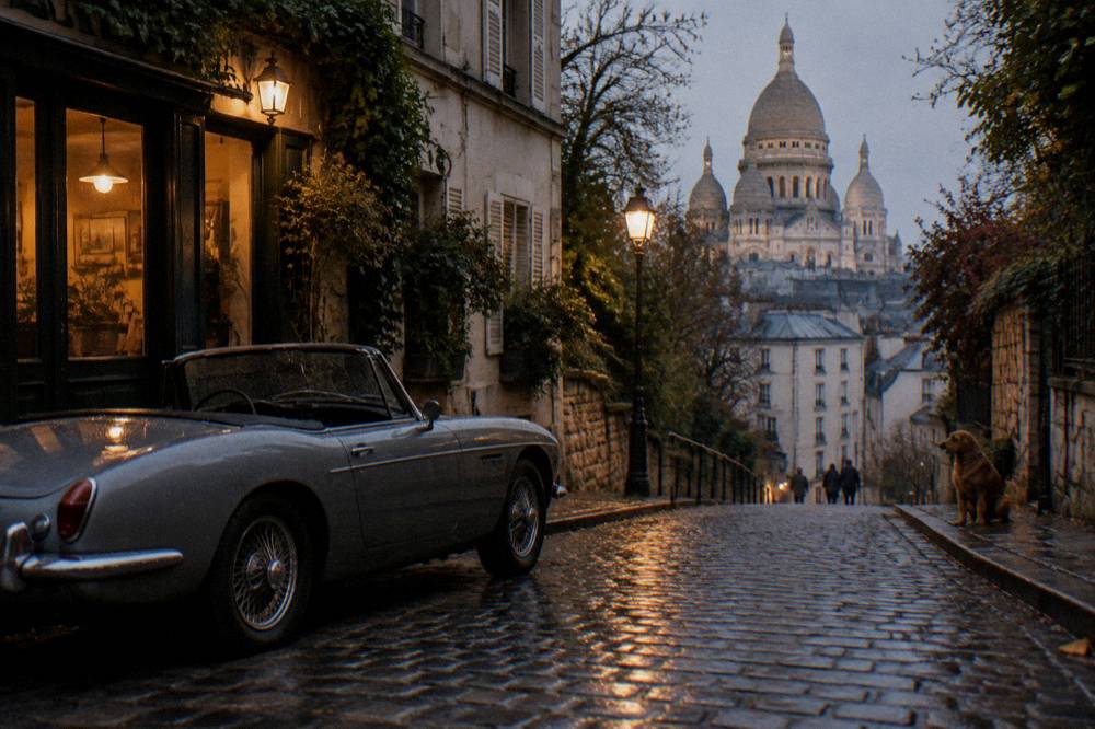 Vintage convertible car parked on a lit evening street in Paris
