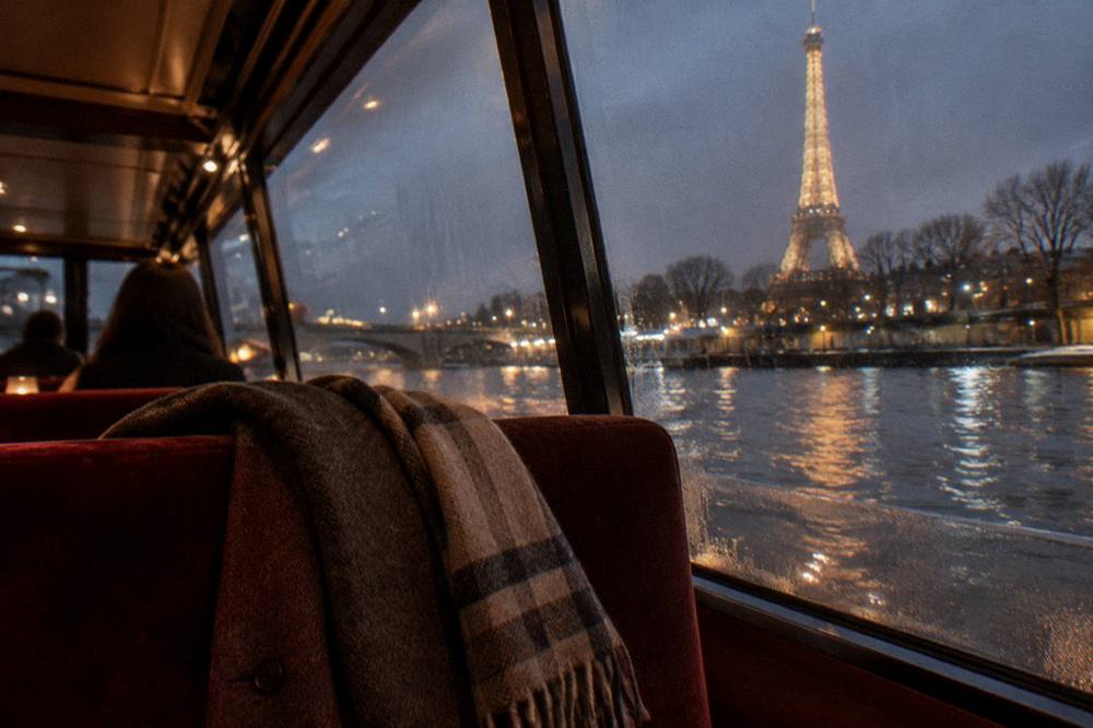 Winter coat and scarf on the back of a chair inside a warm cruise boat cabin with city lights outside