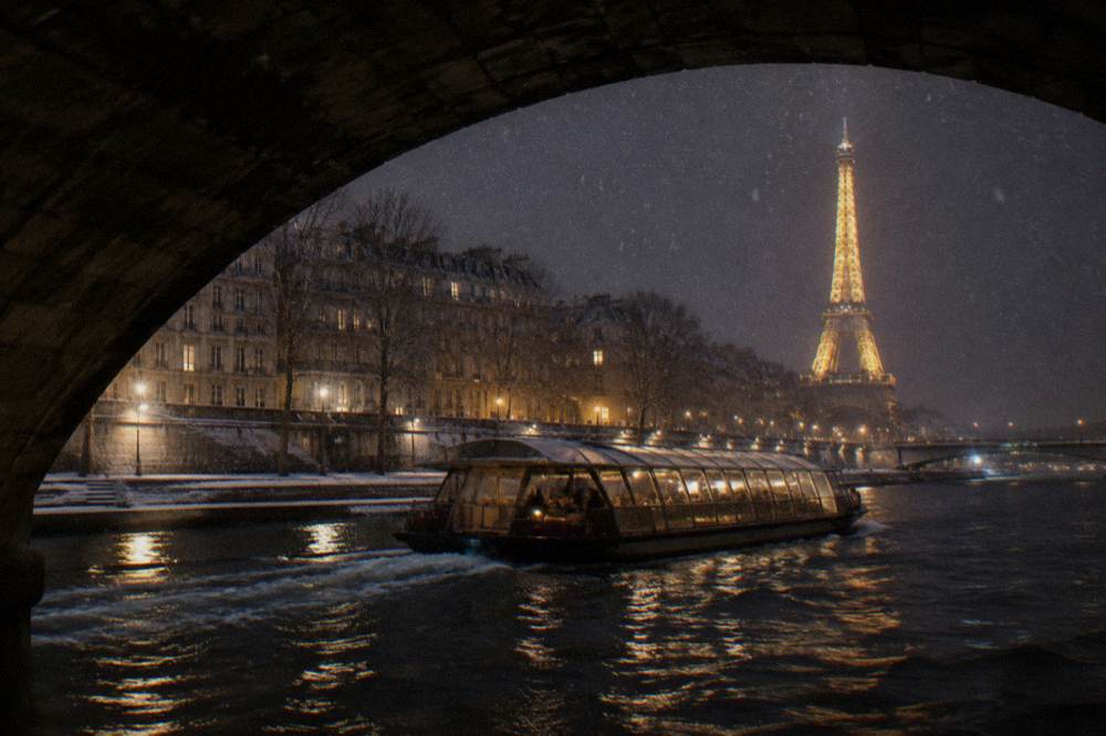 A covered river boat with a lit glass canopy gliding past illuminated riverside buildings on a winter evening