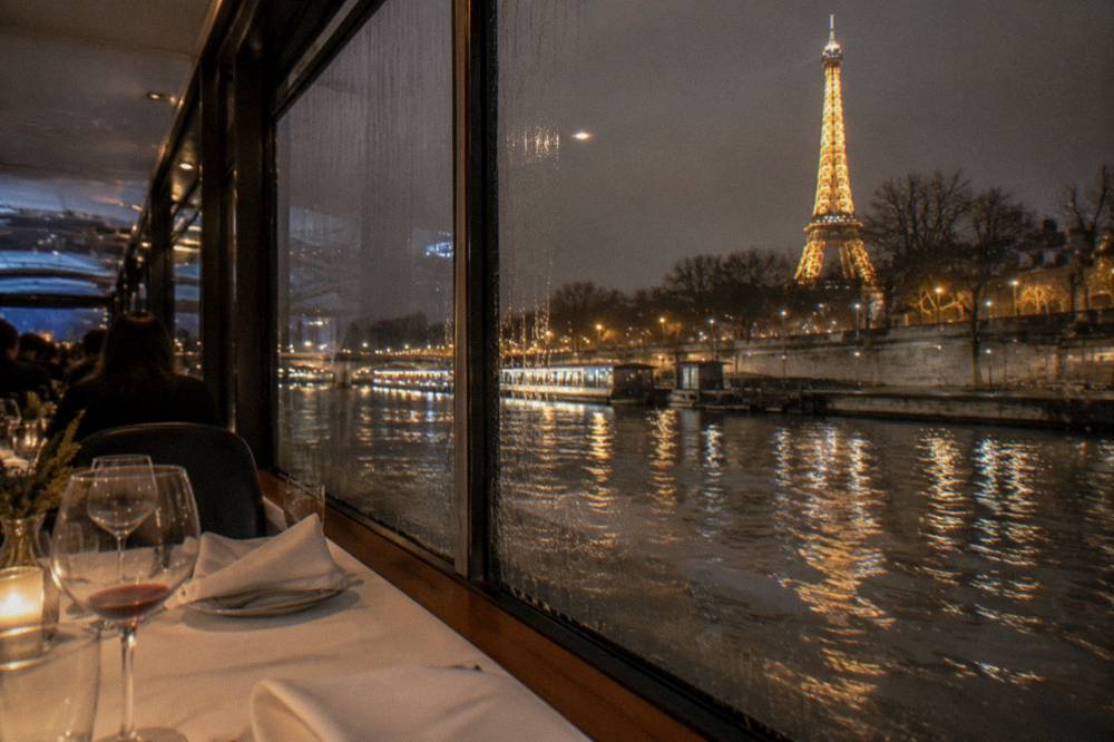 A set dinner table with glasses and folded napkins beside a window overlooking the lit Seine at night
