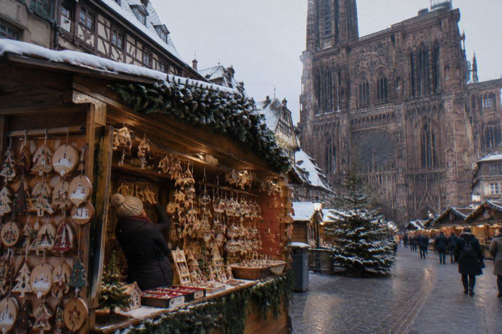 A canal lined with decorated half-timbered houses and festive lights at dusk