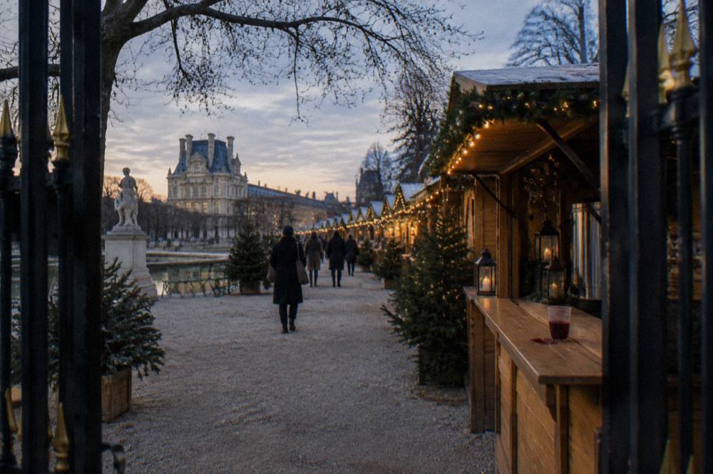 Festive market chalets with string lights lining a Paris square in the early evening